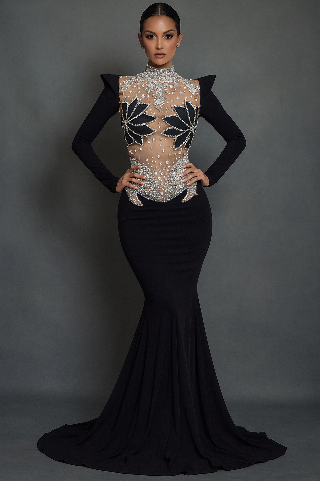 Sparkles and Pearls Mesh Maxi Gown