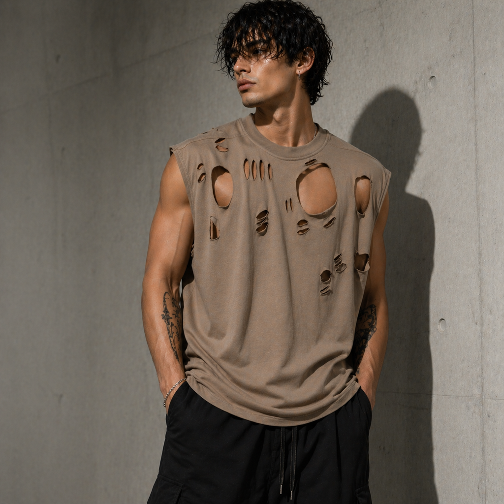 Man wearing a distressed beige sleeveless shirt against a concrete wall.