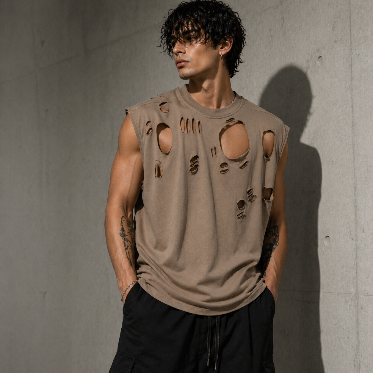 Man wearing a distressed beige sleeveless shirt against a concrete wall.