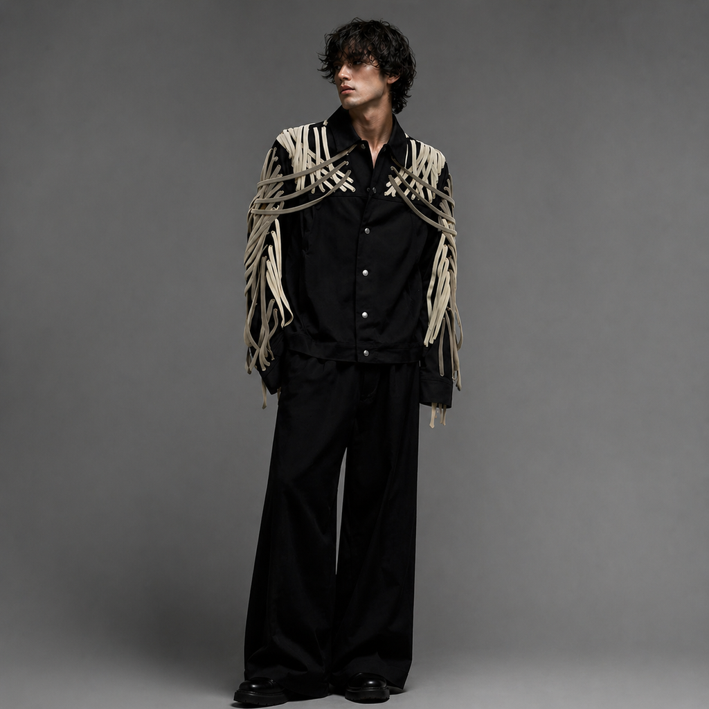 Person wearing a black outfit with a decorative jacket against a gray background