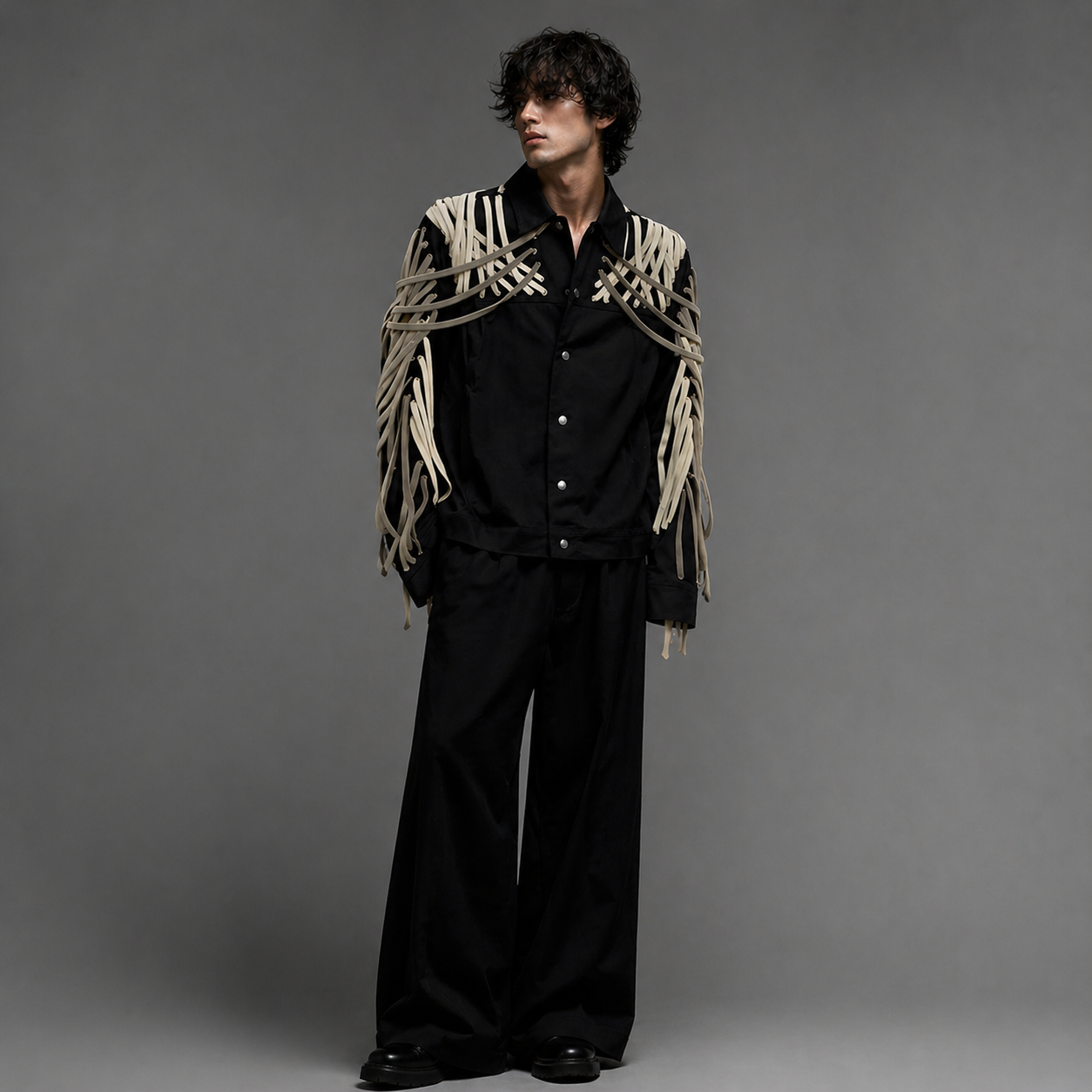 Person wearing a black outfit with a decorative jacket against a gray background
