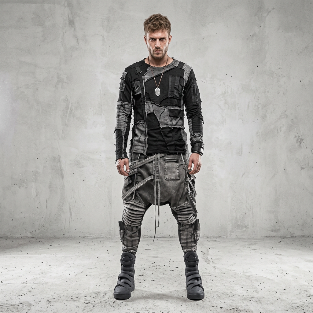Man wearing a futuristic outfit with a concrete wall background