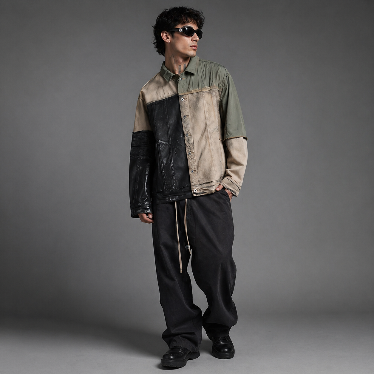 Man wearing a two-tone jacket and sunglasses against a gray background